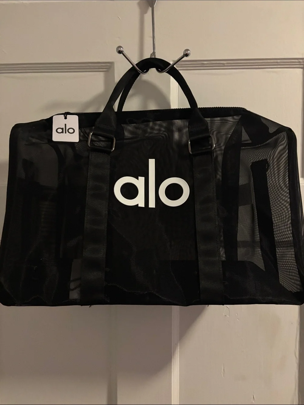 ALO Yoga Black Mesh Duffel with White Logo